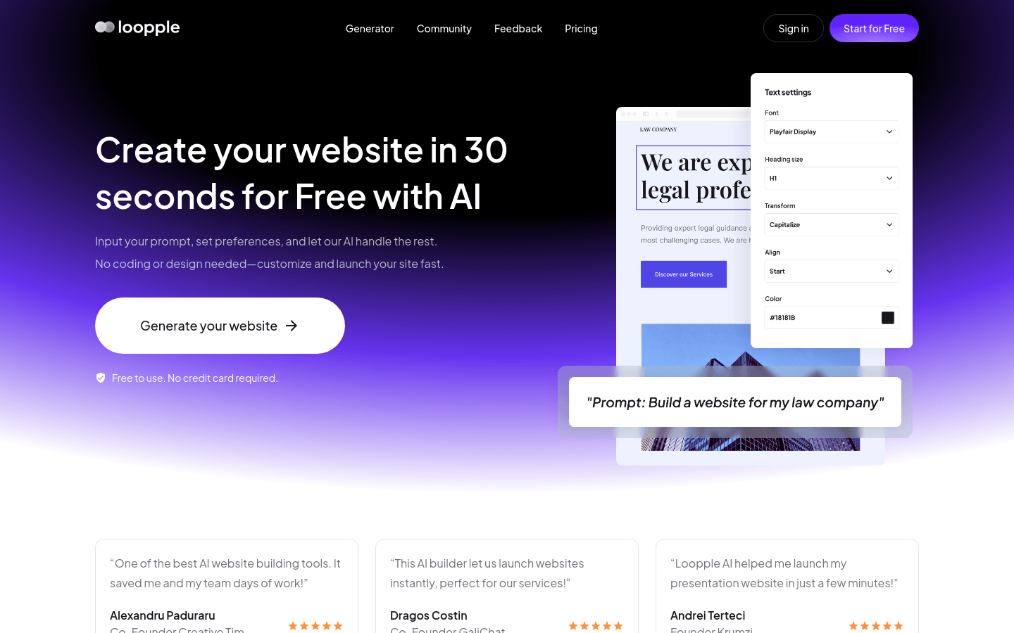 Loopple AI Website Builder product screenshot