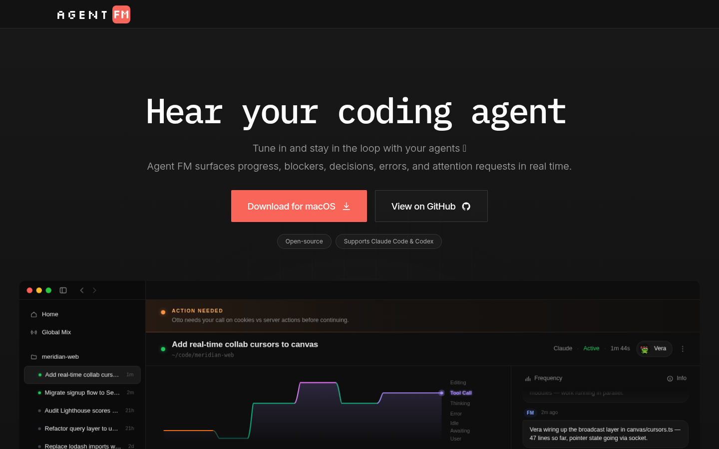 Agent FM for Claude Code & Codex product screenshot
