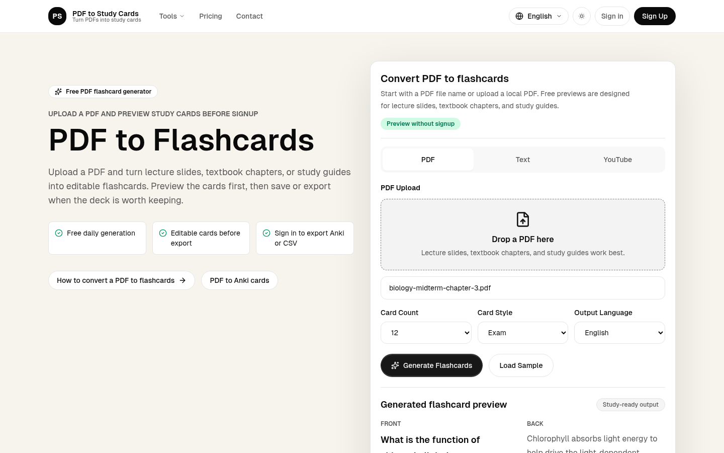 PDF to Study Cards product screenshot