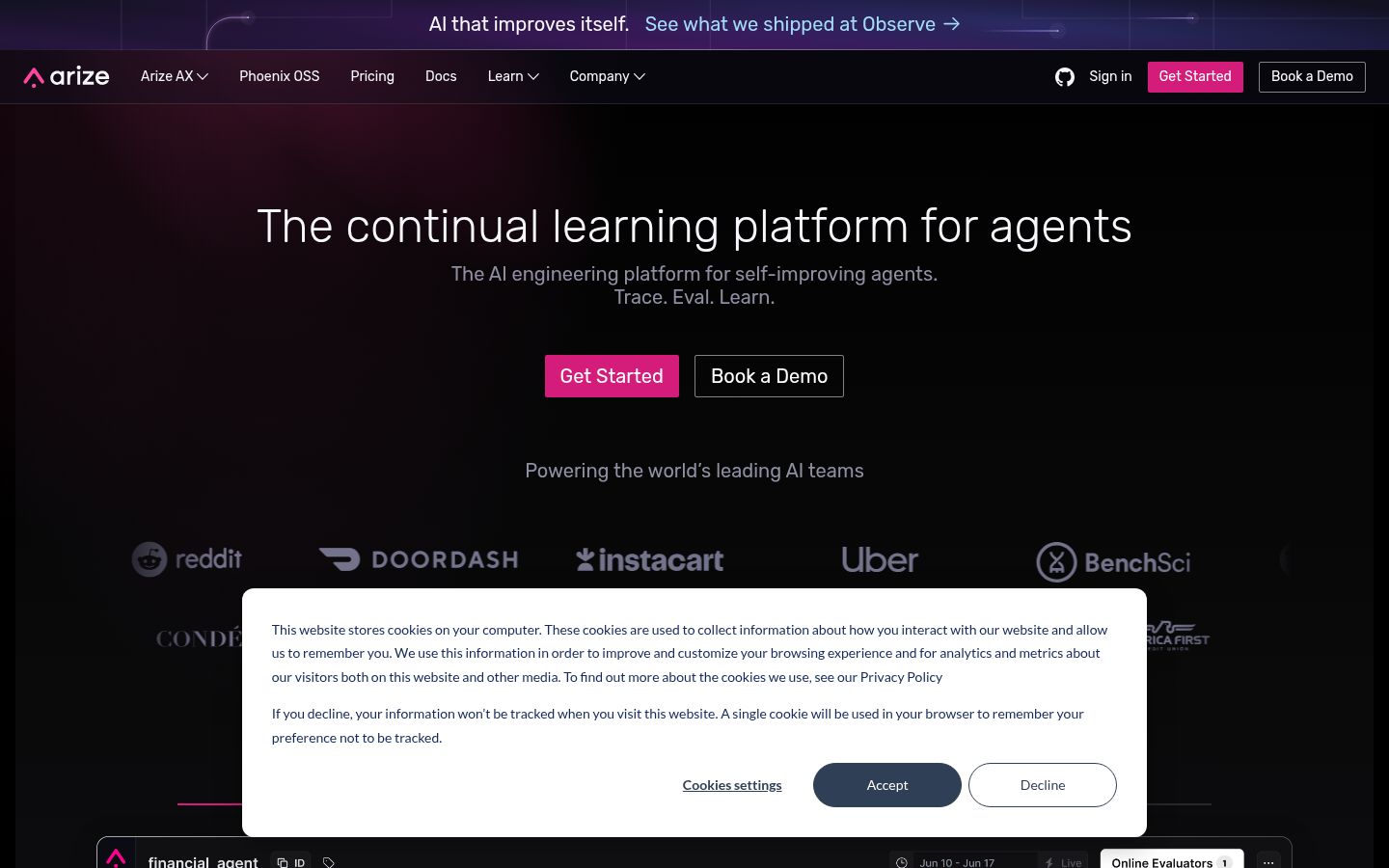 Arize AI product screenshot
