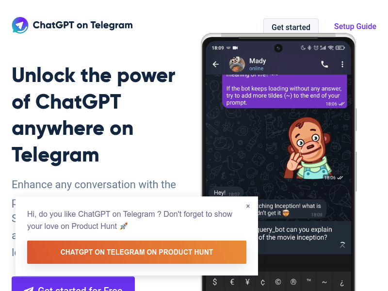 ChatGPT on Telegram product screenshot