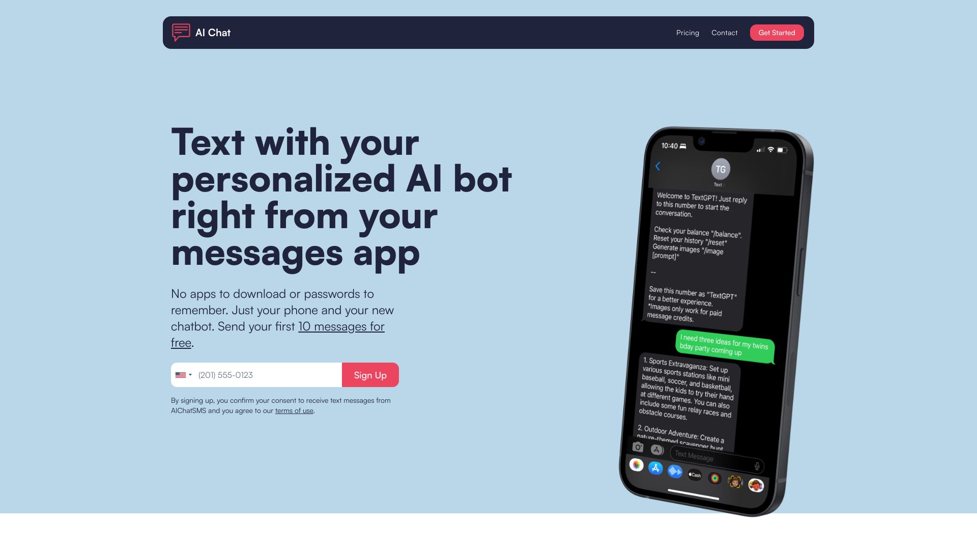 AI Chat SMS product screenshot